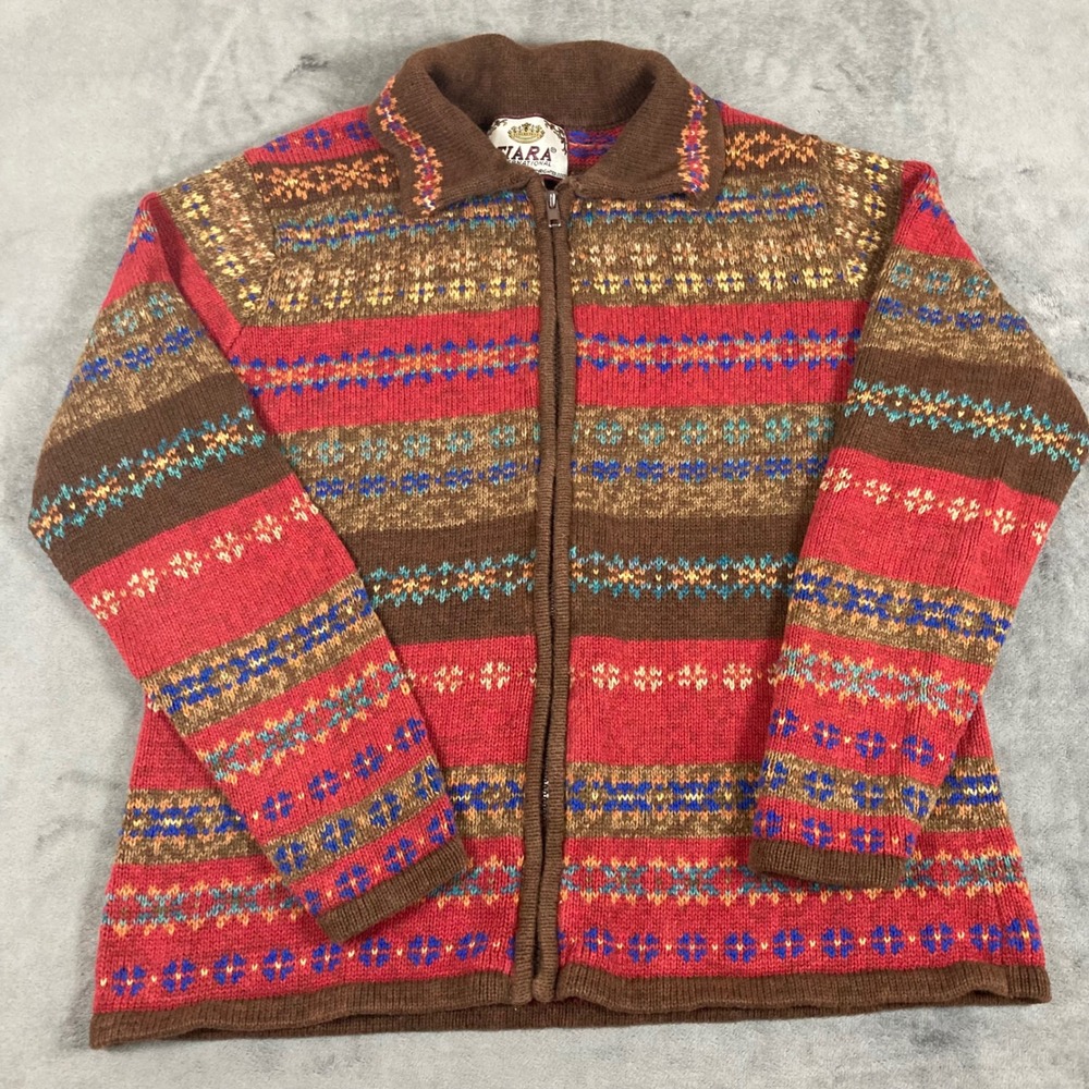 Tiara International Vintage Fair Isle Zip Cardigan Red Brown Ramie Cotton Med
